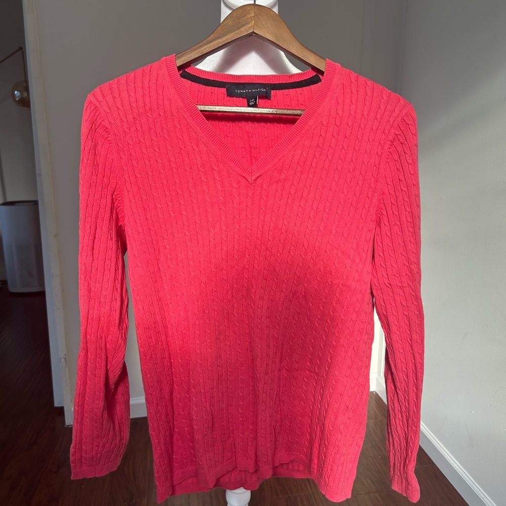 NWOT Tommy Hilfiger V-Neck Pink Ribbed Sweater 100% Cotton